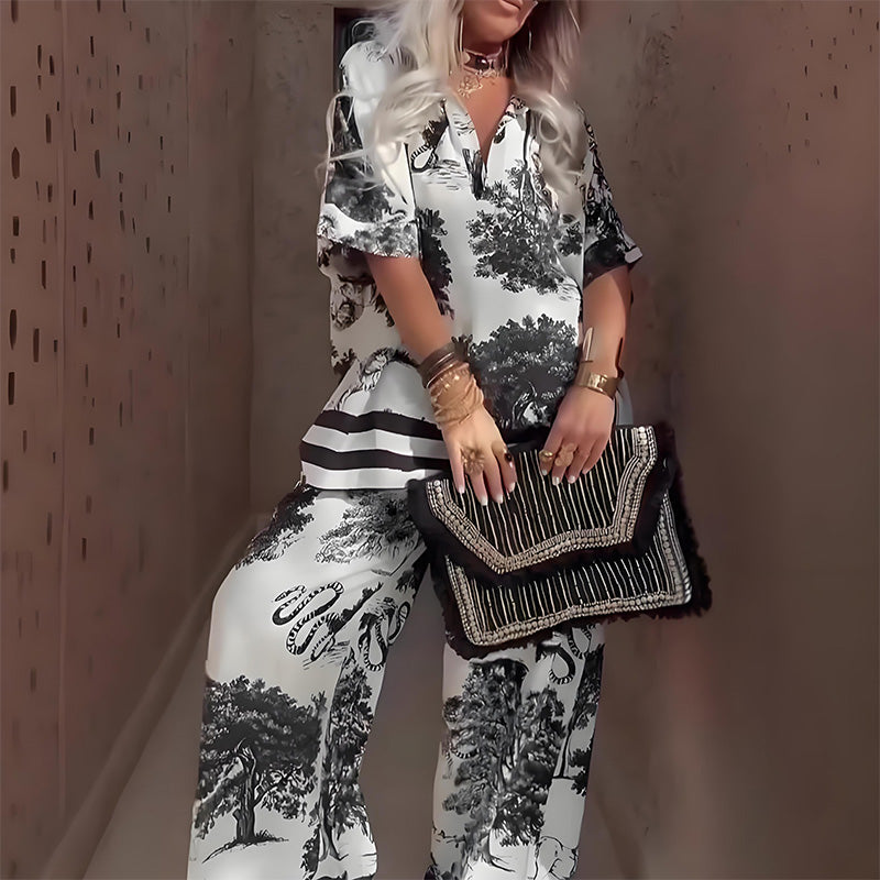 Renee | Matching Set with Floral Print and Wide Leg Trousers