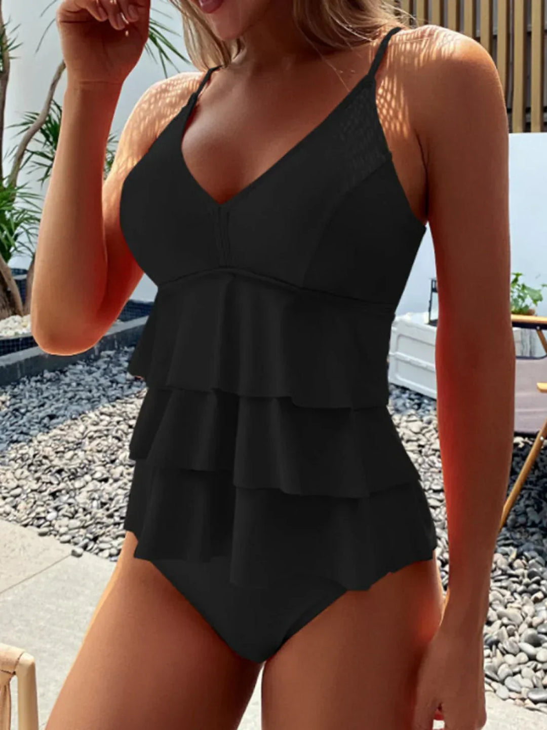 Women's Tiered V-Neck Tankini Set with Thin Strap