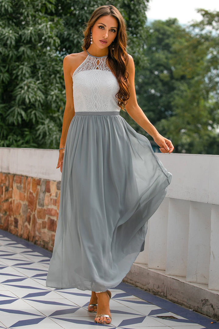 Quinn | Maxi Wedding Guest Dress with Halter Neck and Lace Bodice