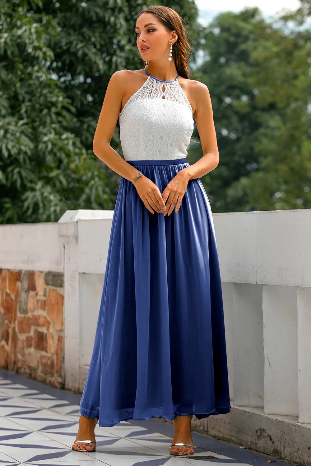 Quinn | Maxi Wedding Guest Dress with Halter Neck and Lace Bodice
