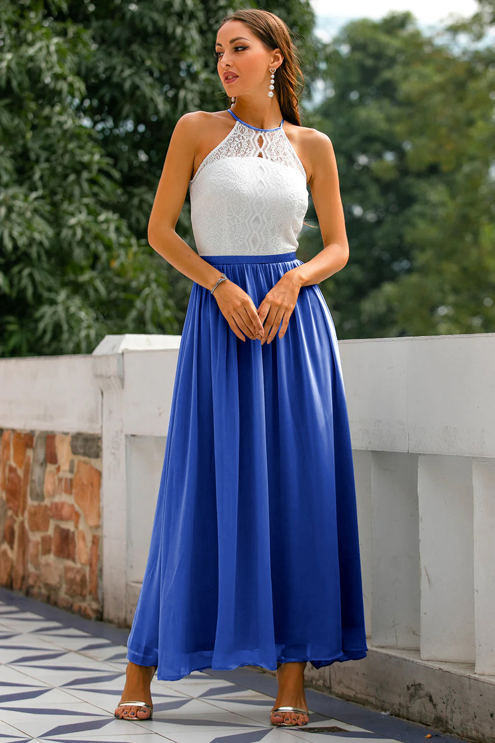 Quinn | Maxi Wedding Guest Dress with Halter Neck and Lace Bodice