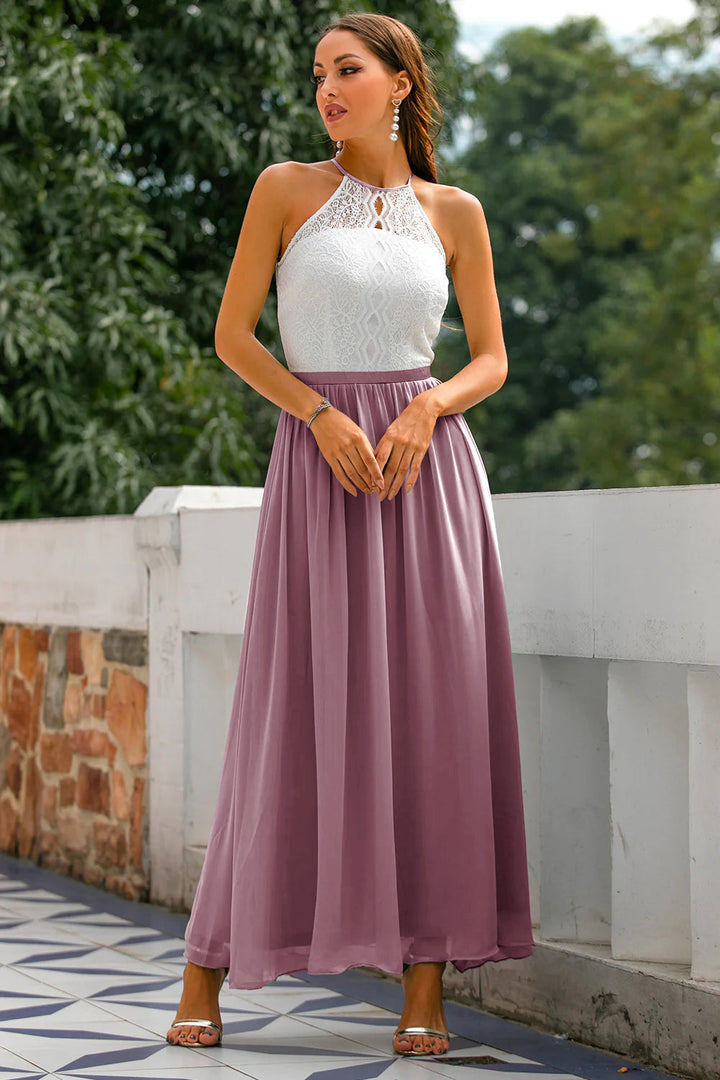 Quinn | Maxi Wedding Guest Dress with Halter Neck and Lace Bodice