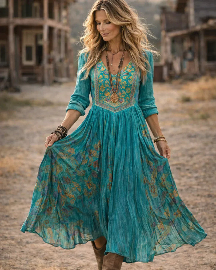 Tamara | Boho Midi Dress V-Neck Embroidered
