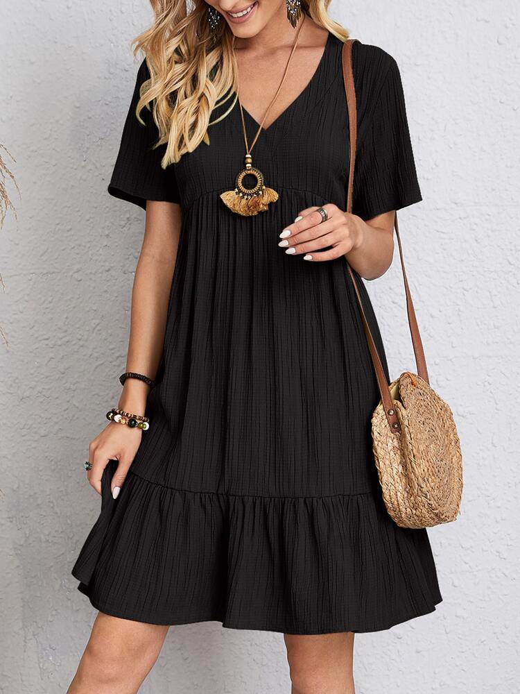 Women's V-Neck Tiered Mini Dress with Short Sleeve and Flared Hem