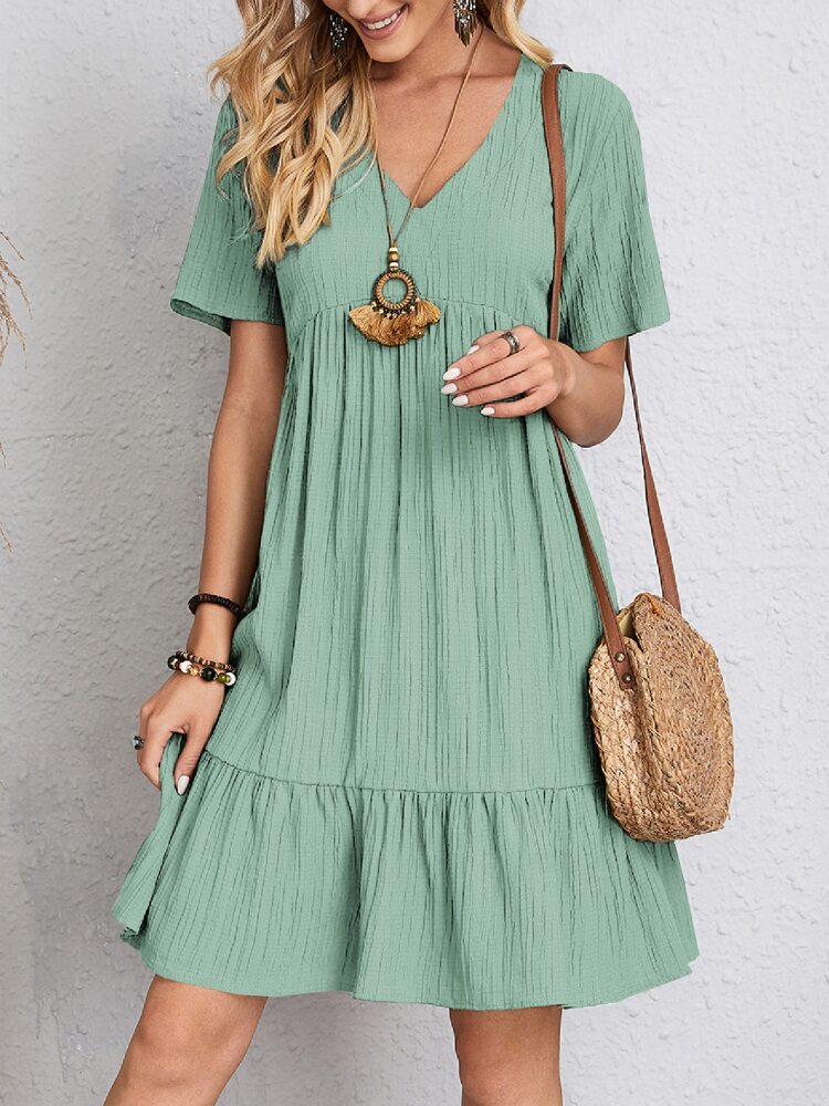 Women's V-Neck Tiered Mini Dress with Short Sleeve and Flared Hem