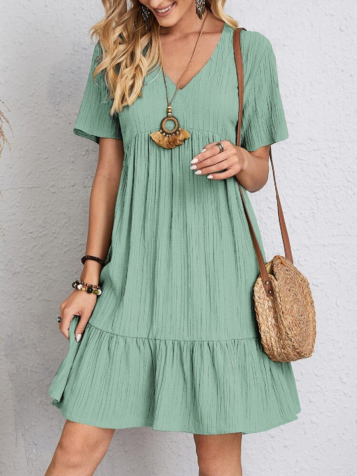 Women's V-Neck Tiered Mini Dress with Short Sleeve and Flared Hem