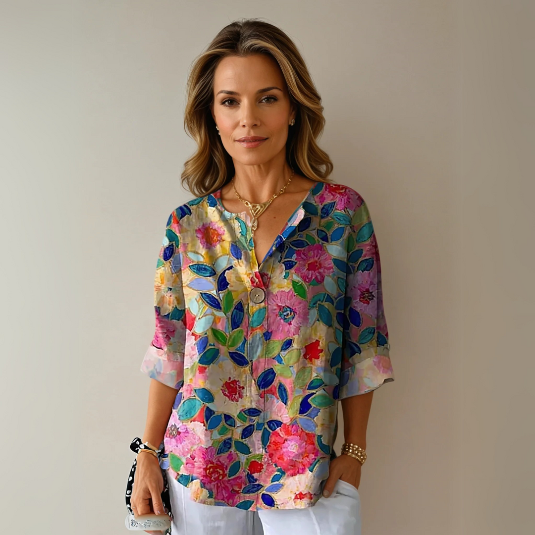 Roxy | Floral Print Blouse with V Neckline and Three Quarter Sleeves