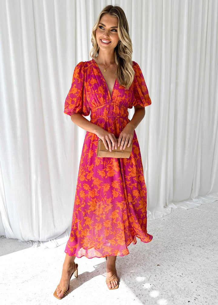 Isabella | Maxi Wedding Guest Dress with Floral Print and Puff Sleeves