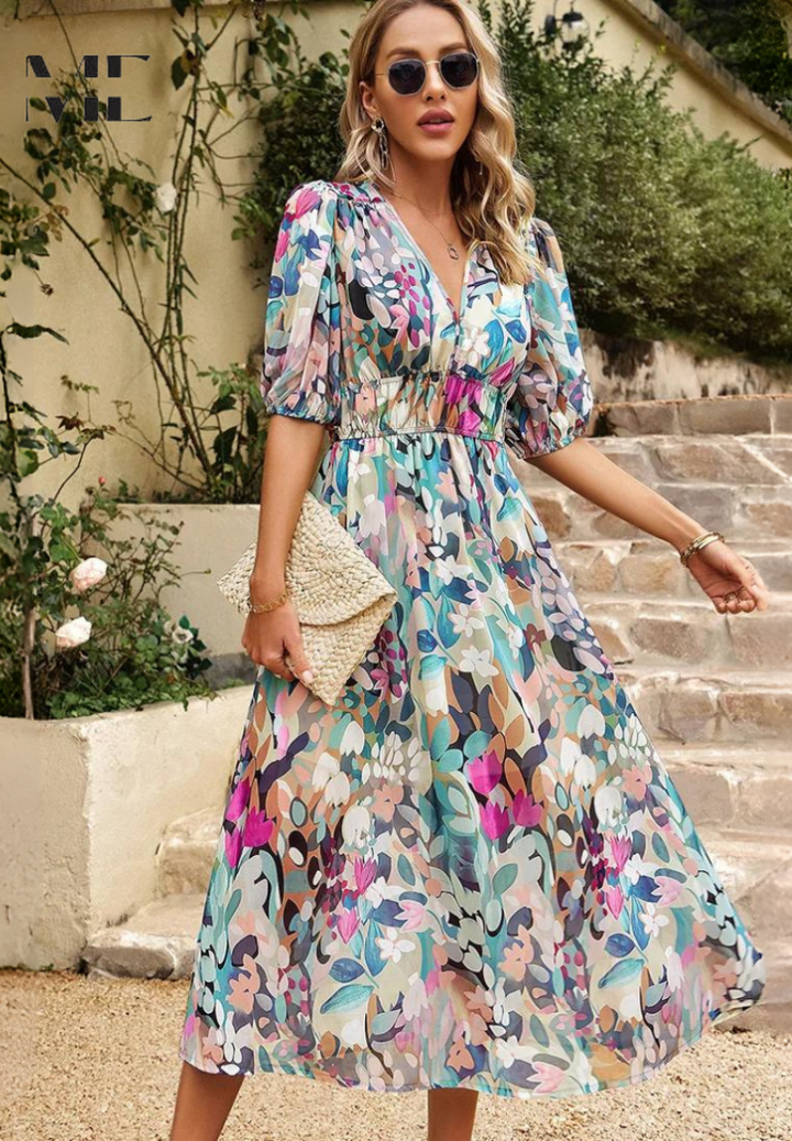 Jasmine | Midi Wedding Guest Dress with Floral Print and Pleated Skirt