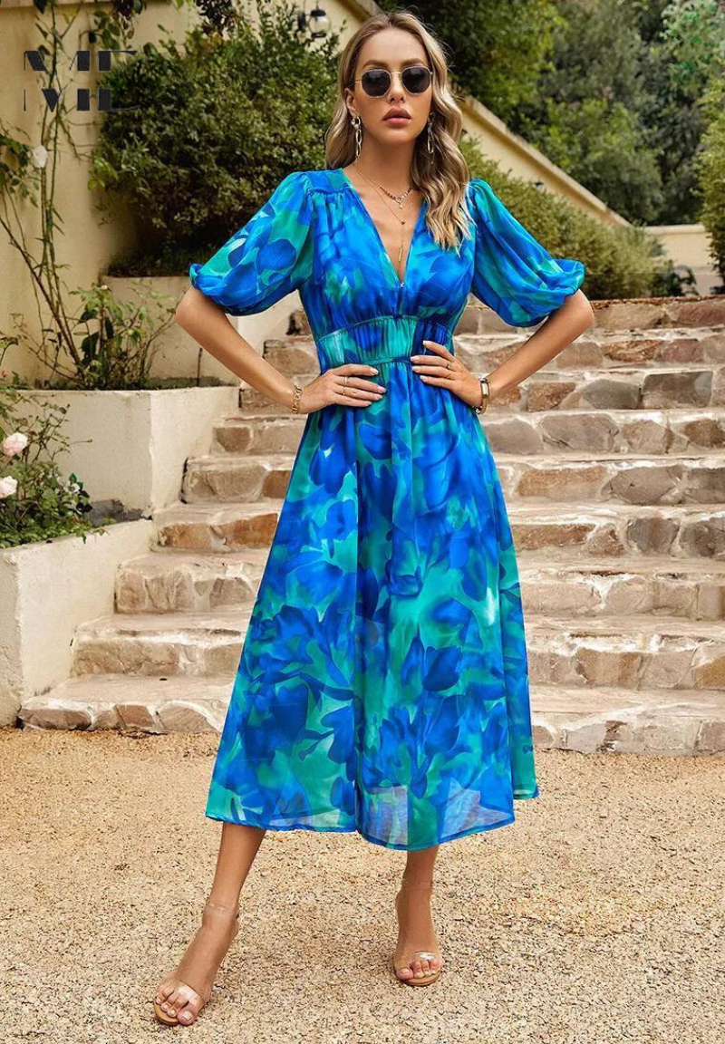 Jasmine | Midi Wedding Guest Dress with Floral Print and Pleated Skirt