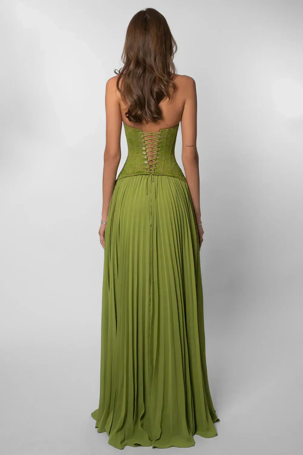 Alice | Maxi Halter Neck Dress with Corset Bodice and Pleated Skirt