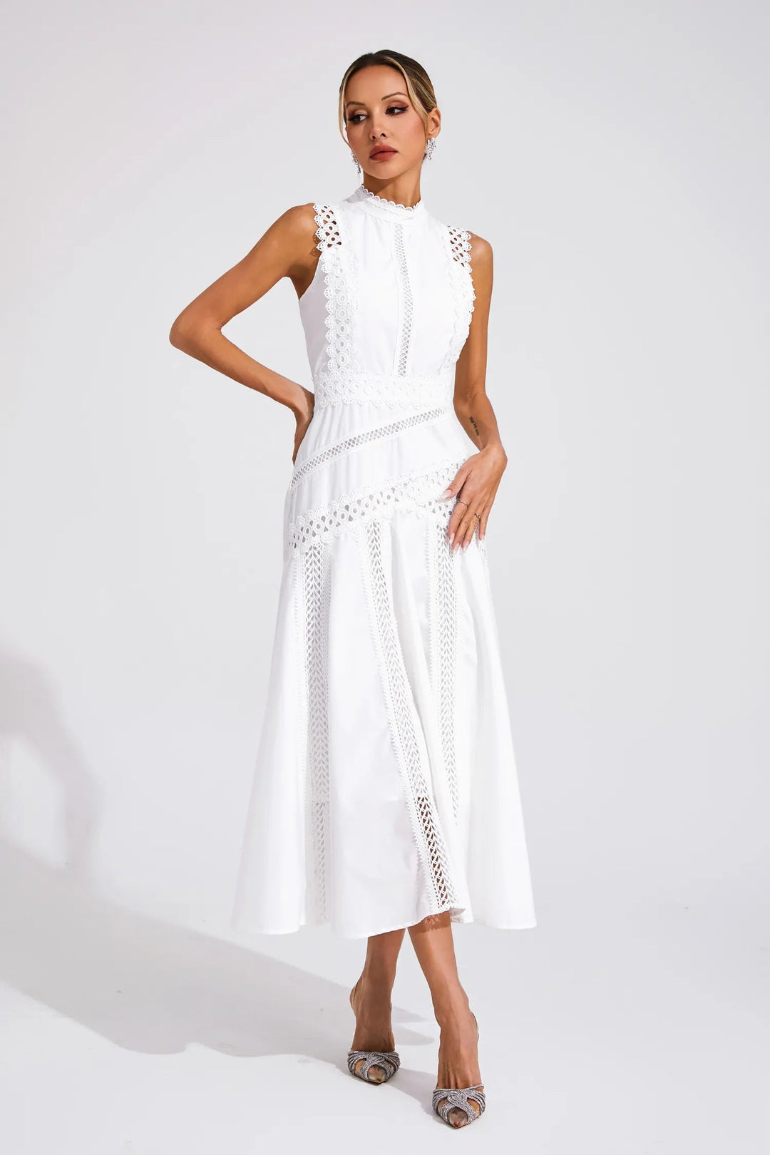 Olivia | Midi Wedding Guest Dress with High Neck and Cutwork Detail
