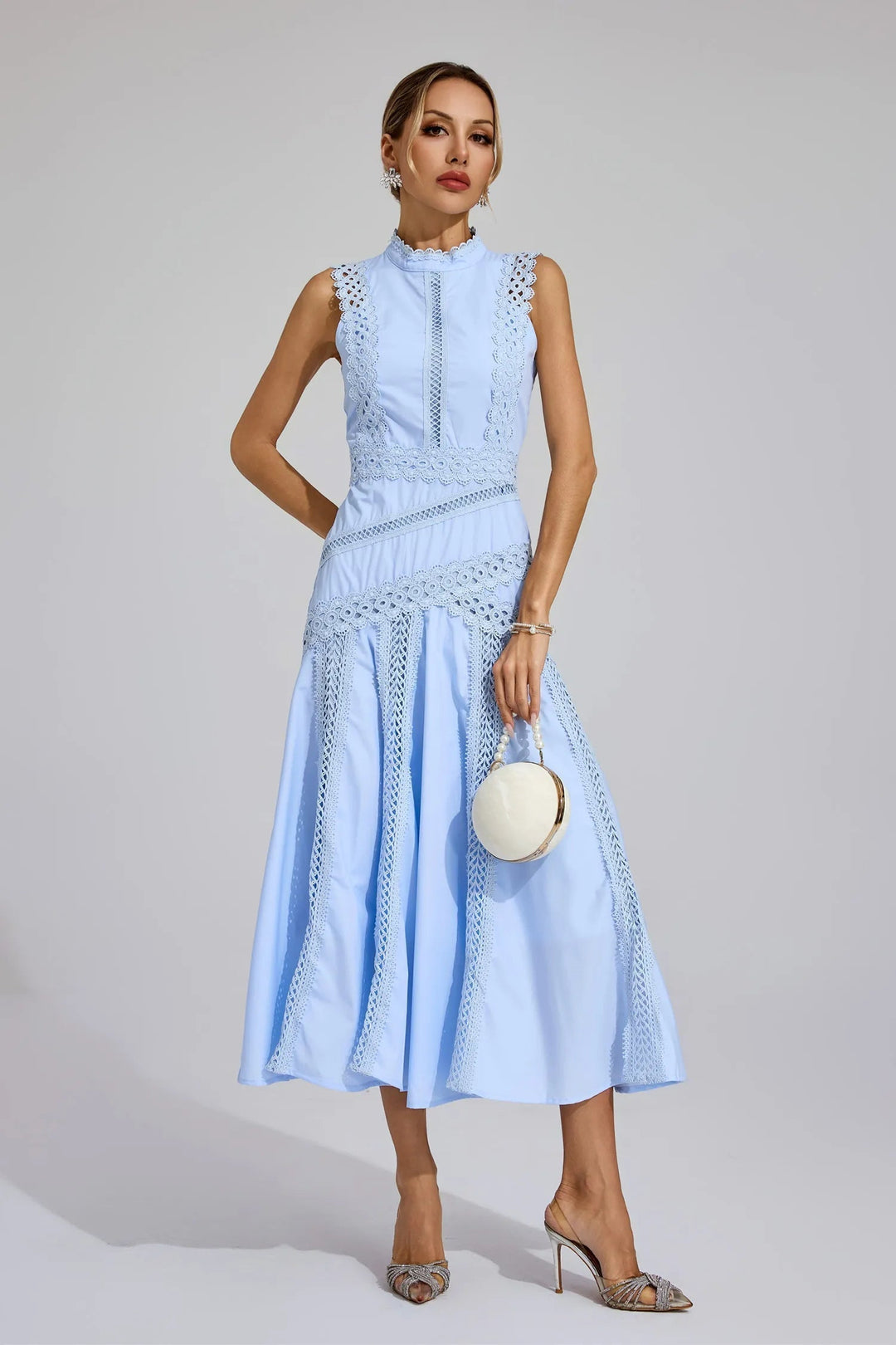 Caroline | Midi Wedding Guest Dress with Embroidered Detail and Mock Neck