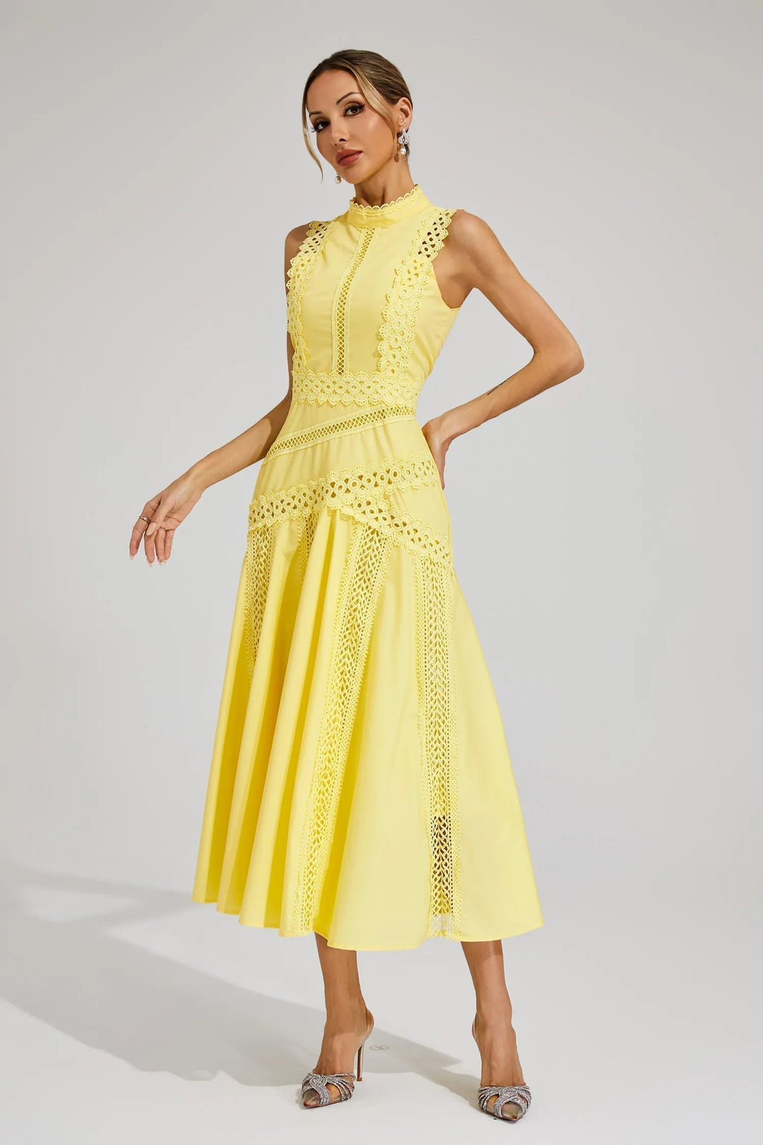 Caroline | Midi Wedding Guest Dress with Embroidered Detail and Mock Neck