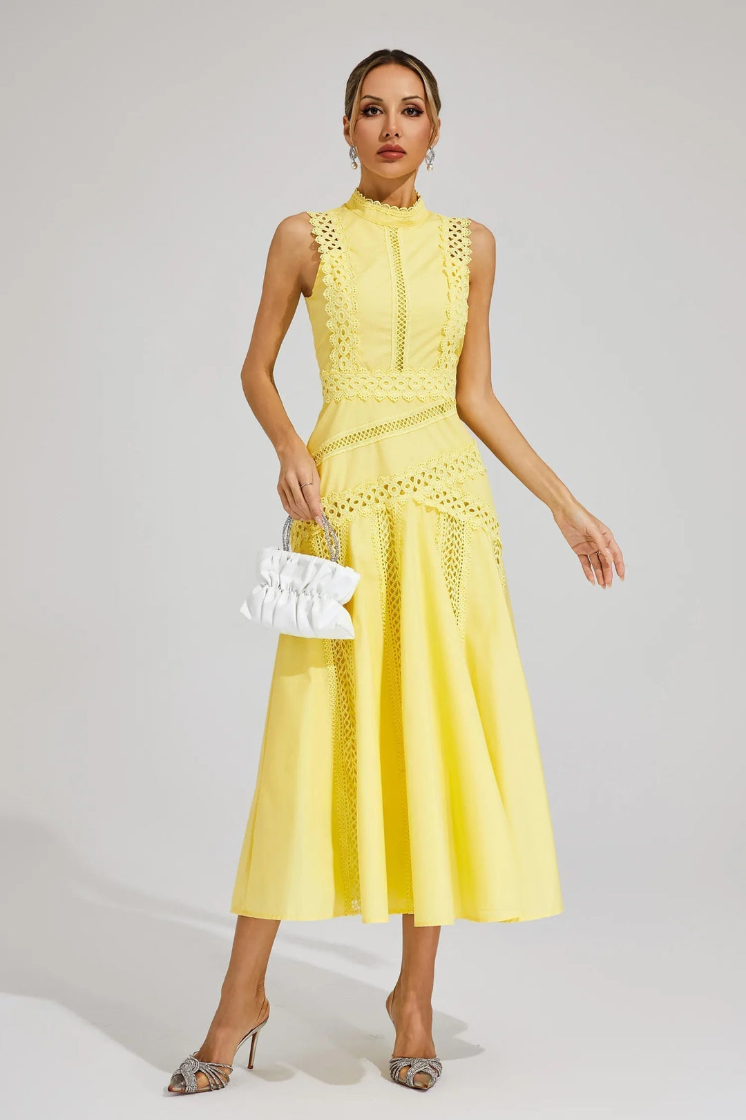 Olivia | Midi Wedding Guest Dress with High Neck and Cutwork Detail