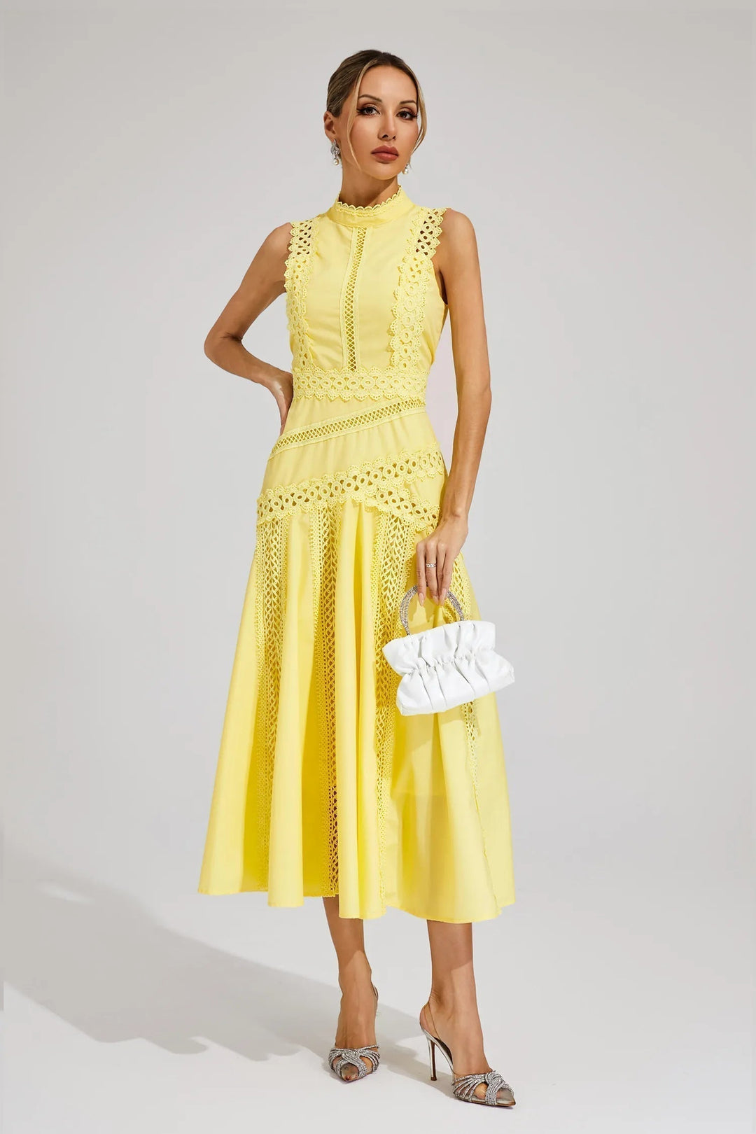 Caroline | Midi Wedding Guest Dress with Embroidered Detail and Mock Neck