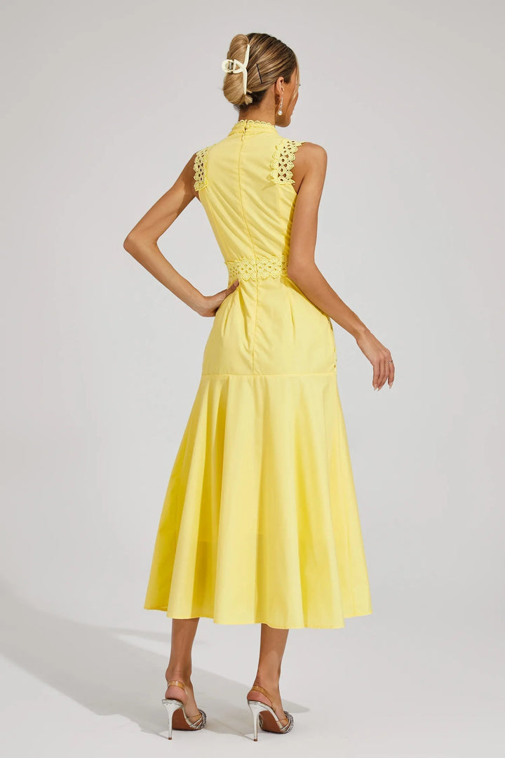 Caroline | Midi Wedding Guest Dress with Embroidered Detail and Mock Neck