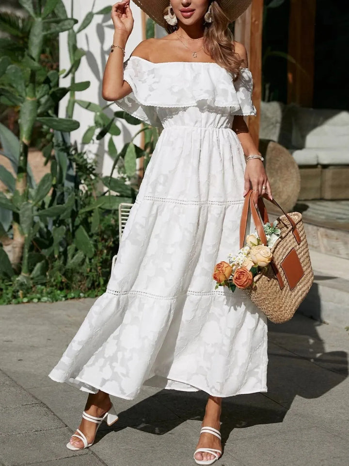 Mary | Midi Summer Dress with Off Shoulder and Stitched Detail