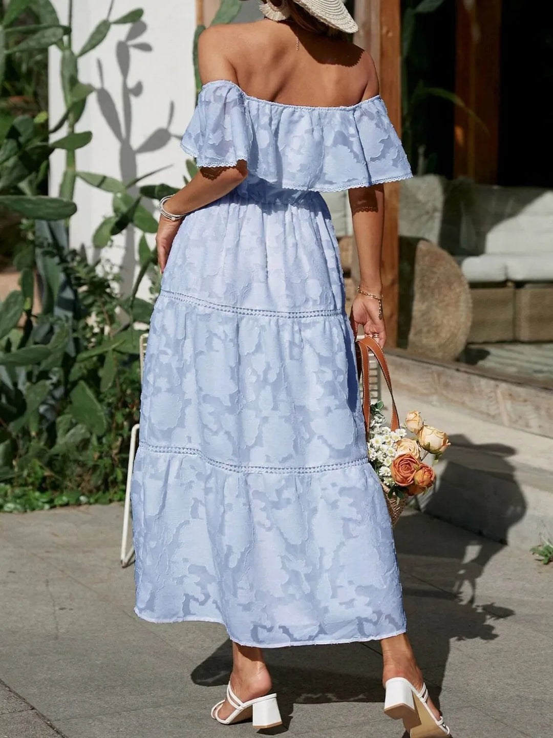 Mary | Midi Summer Dress with Off Shoulder and Stitched Detail