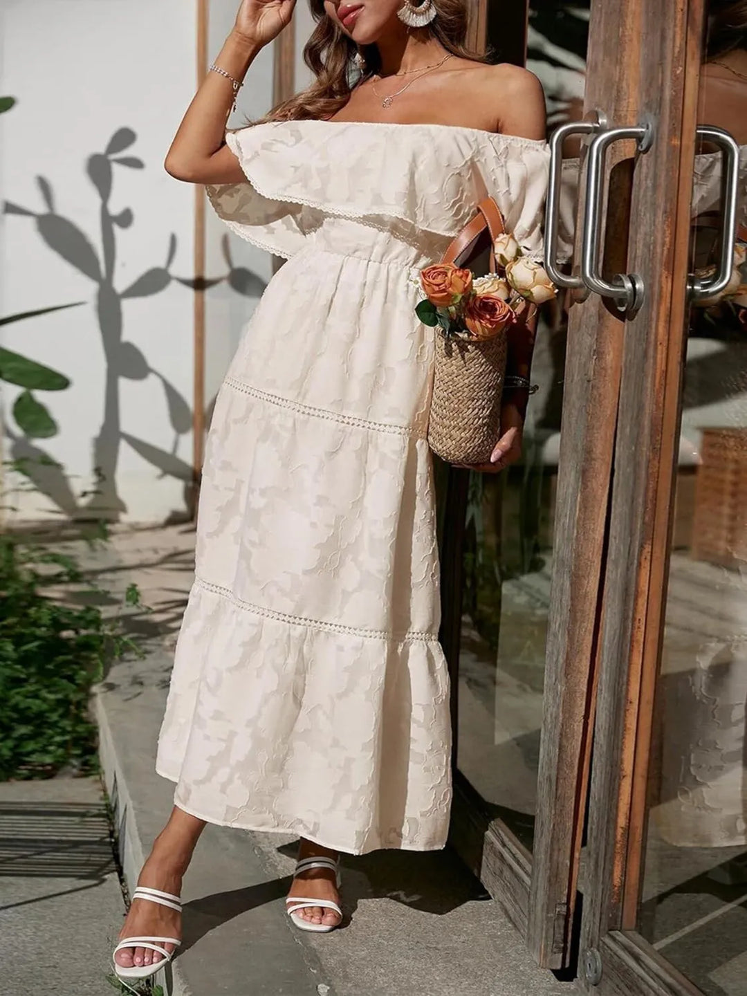 Mary | Midi Summer Dress with Off Shoulder and Stitched Detail
