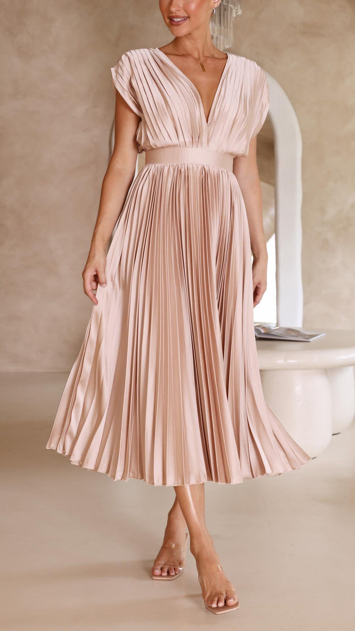 Faith | Midi Wedding Guest Dress with V-Neck and Pleated Skirt