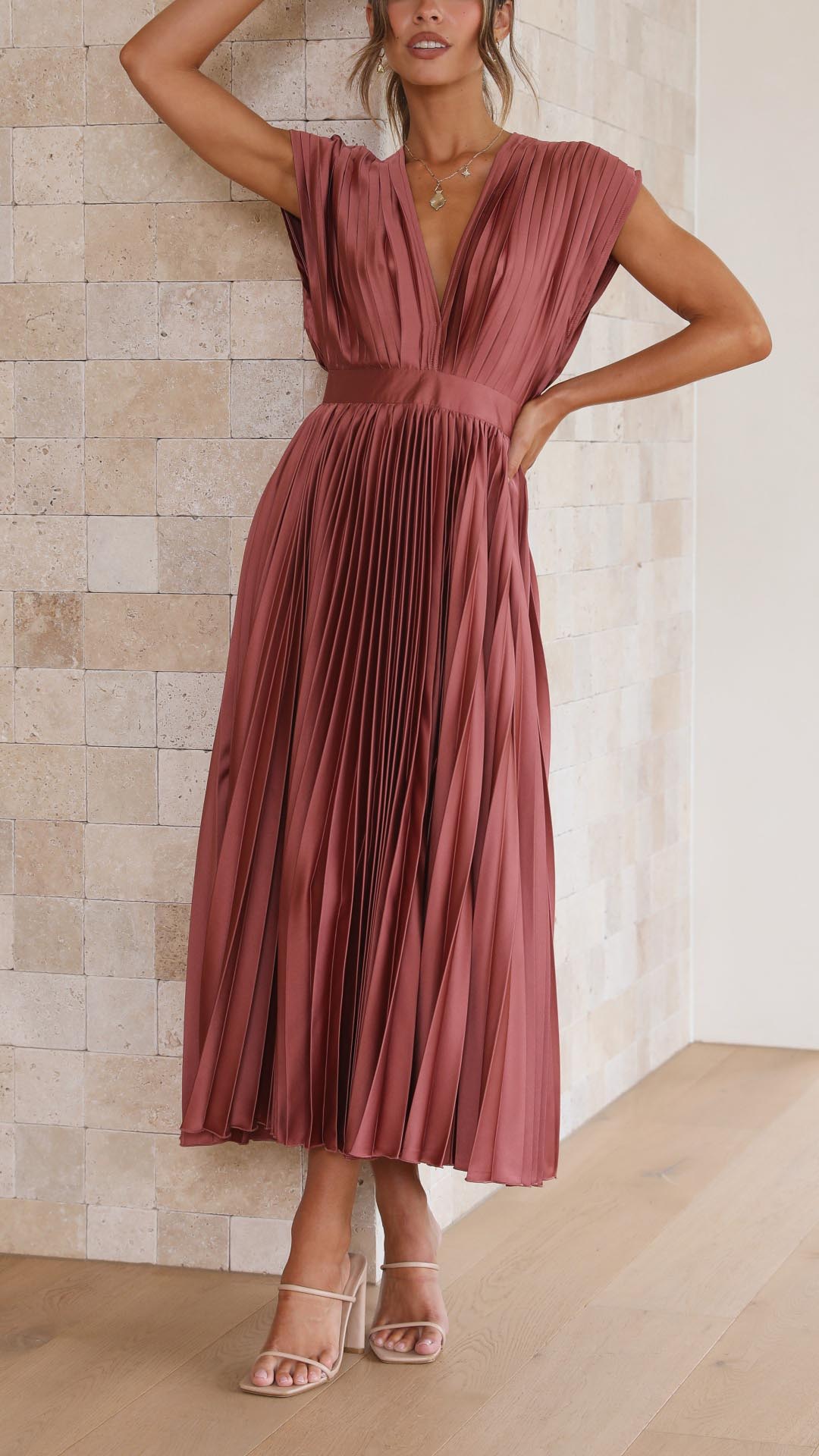 Faith | Midi Wedding Guest Dress with V-Neck and Pleated Skirt