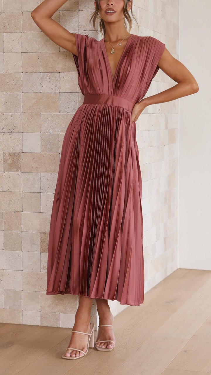 Faith | Midi Wedding Guest Dress with V-Neck and Pleated Skirt
