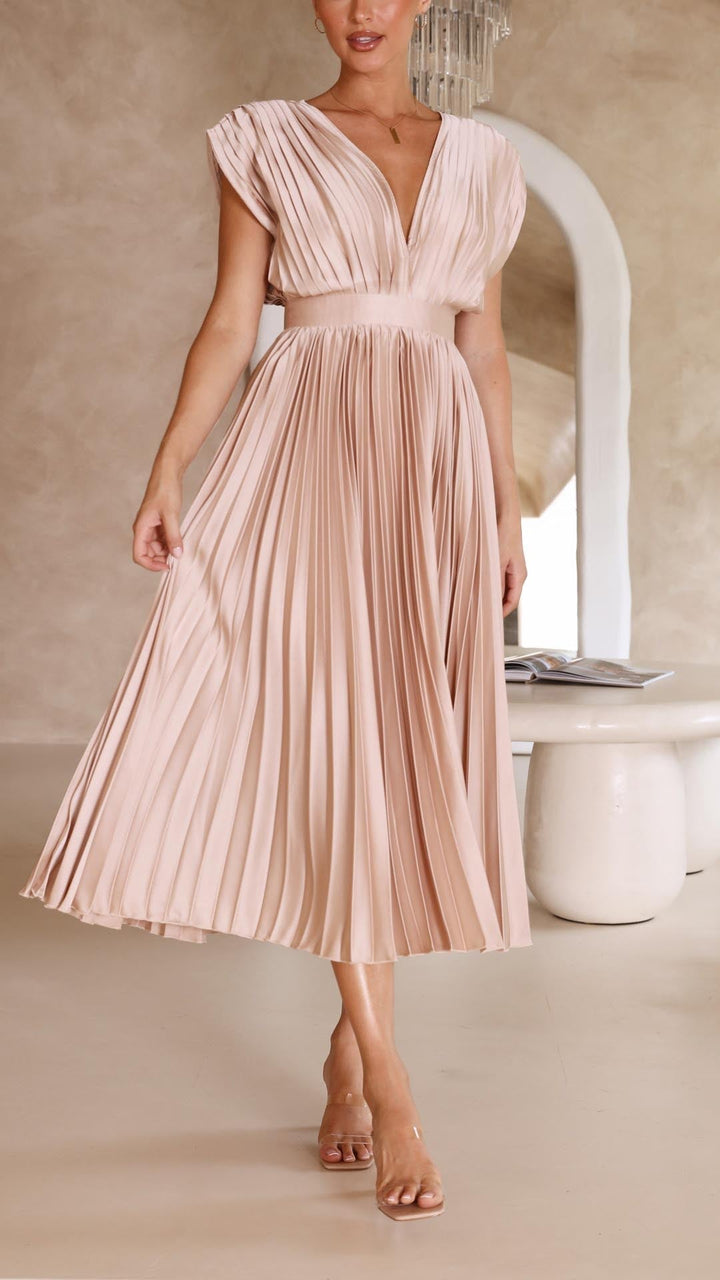 Faith | Midi Wedding Guest Dress with V-Neck and Pleated Skirt