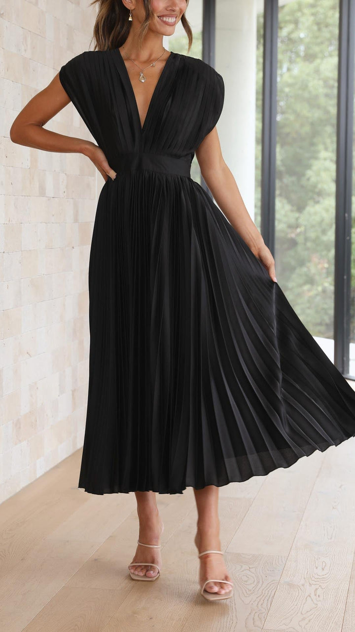 Faith | Midi Wedding Guest Dress with V-Neck and Pleated Skirt