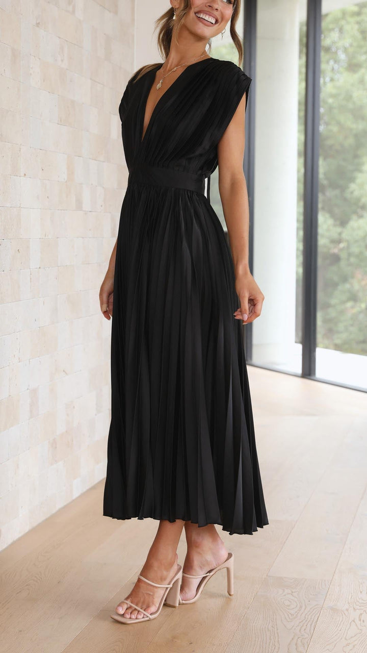 Faith | Midi Wedding Guest Dress with V-Neck and Pleated Skirt