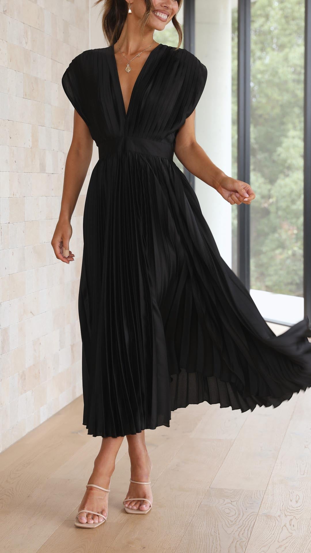 Faith | Midi Wedding Guest Dress with V-Neck and Pleated Skirt