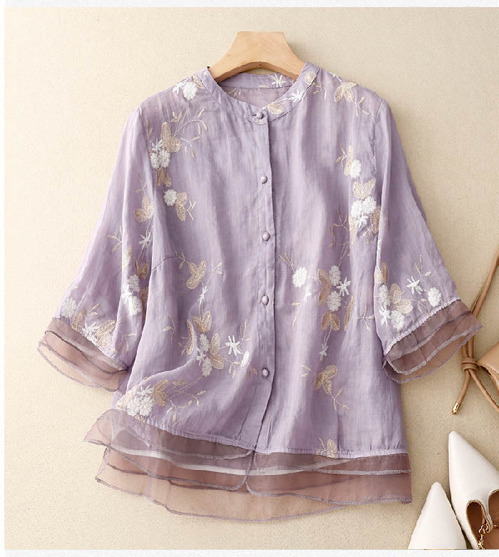 Mei | Embroidered Blouse with Mandarin Collar and Button Front